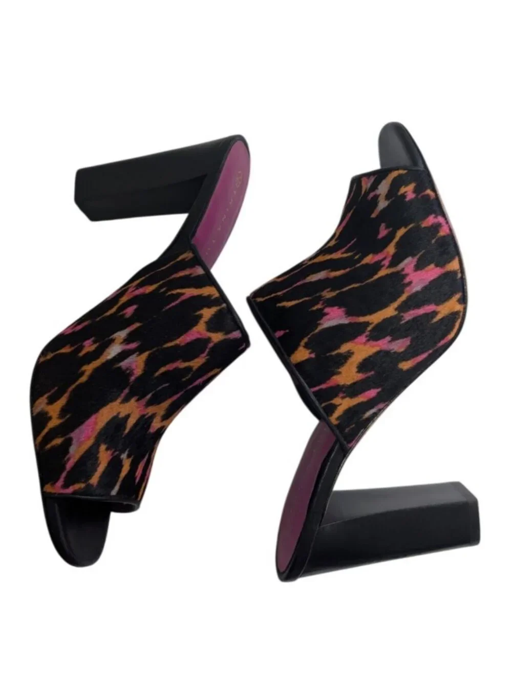 Trina Turk Leopard Luxe Calf Hair Block Heel Mule Sandals Neon Pink Orange Sz 8 - Picture 8 of 8